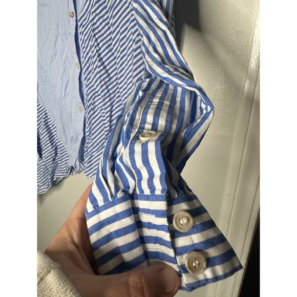 NAADAM Blue Cotton Asymmetrical Stripe Mix Button Up Long Sleeve Top Size Medium - Picture 6 of 12